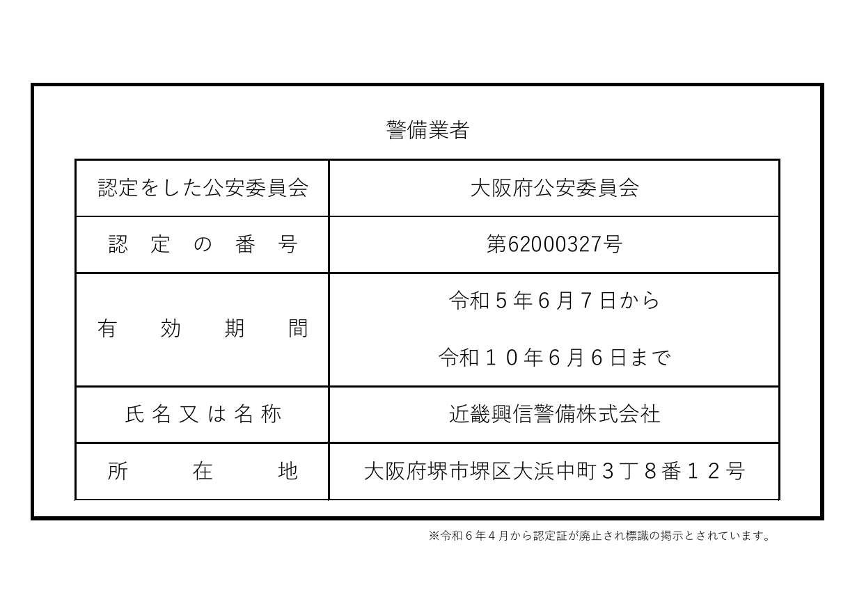 近畿興信警備株式会社 警備業者標識。大阪府公安委員会認定、第62000327号
